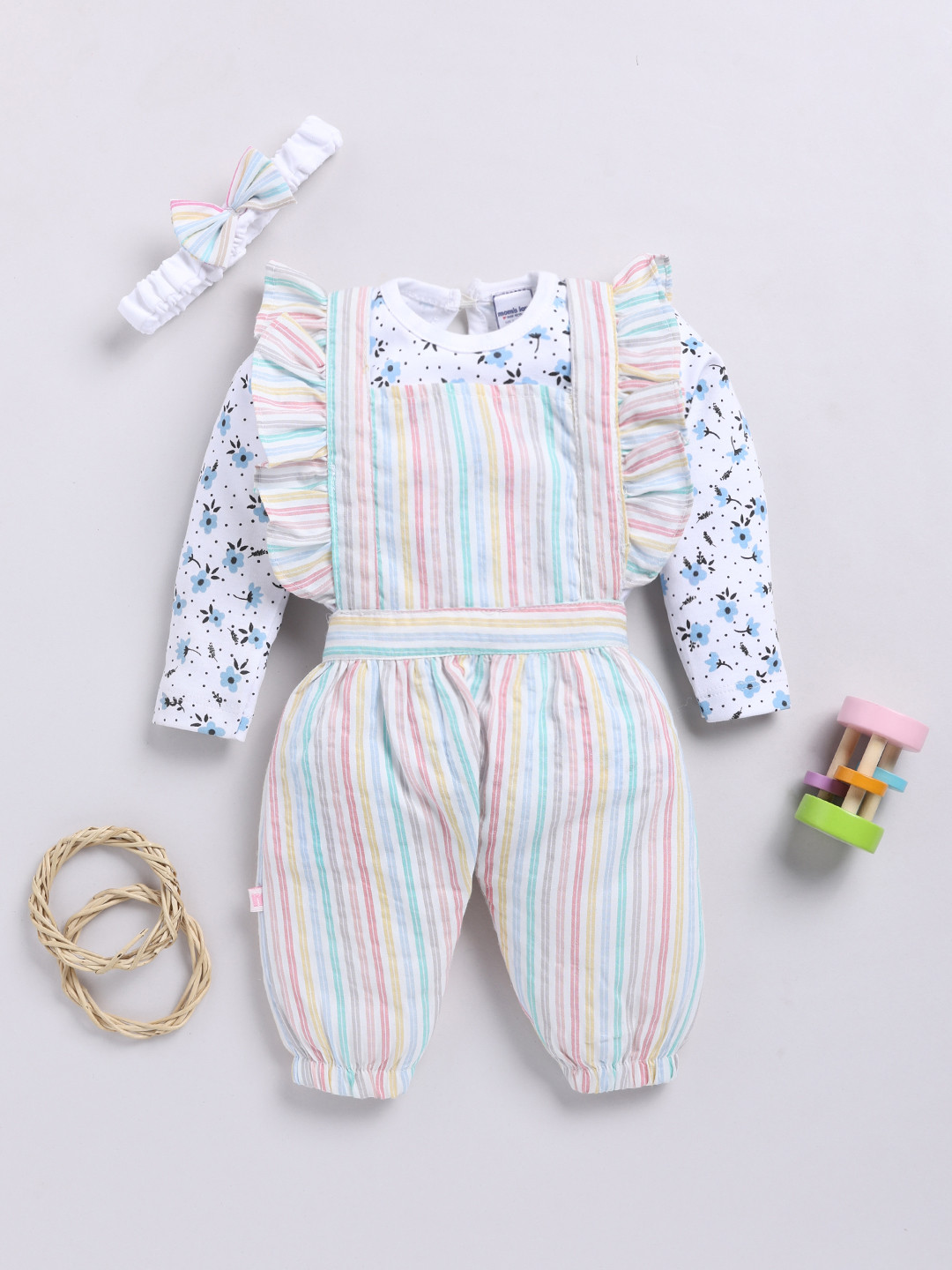 Moms Love Infants Girls Cotton Striped Ruffled Dungarees with T-shirt & Headband