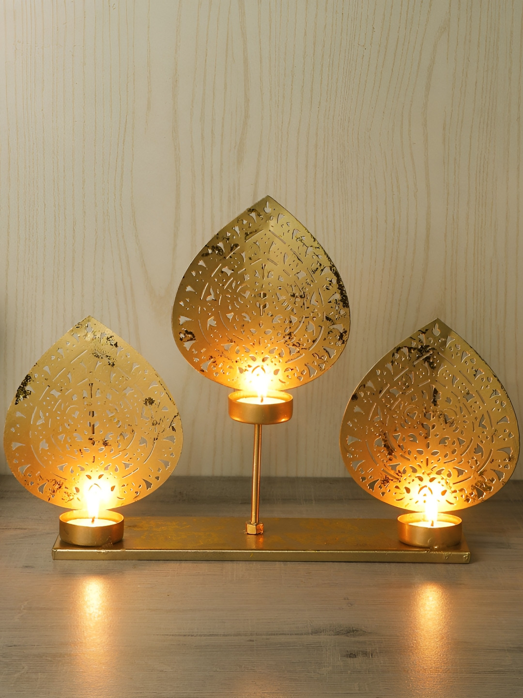 Amaya Decors Gold-Toned Ceramic Leaf Tealight Candle Holder With Stand