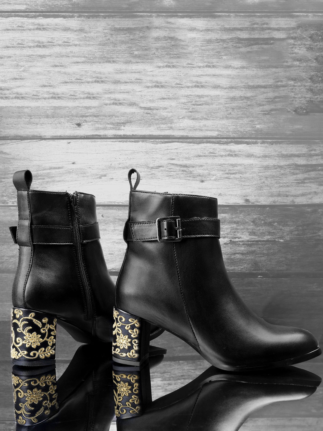 Bxxy Women Embroidered Heels Buckle and Zipper High Ankle Formal Boots