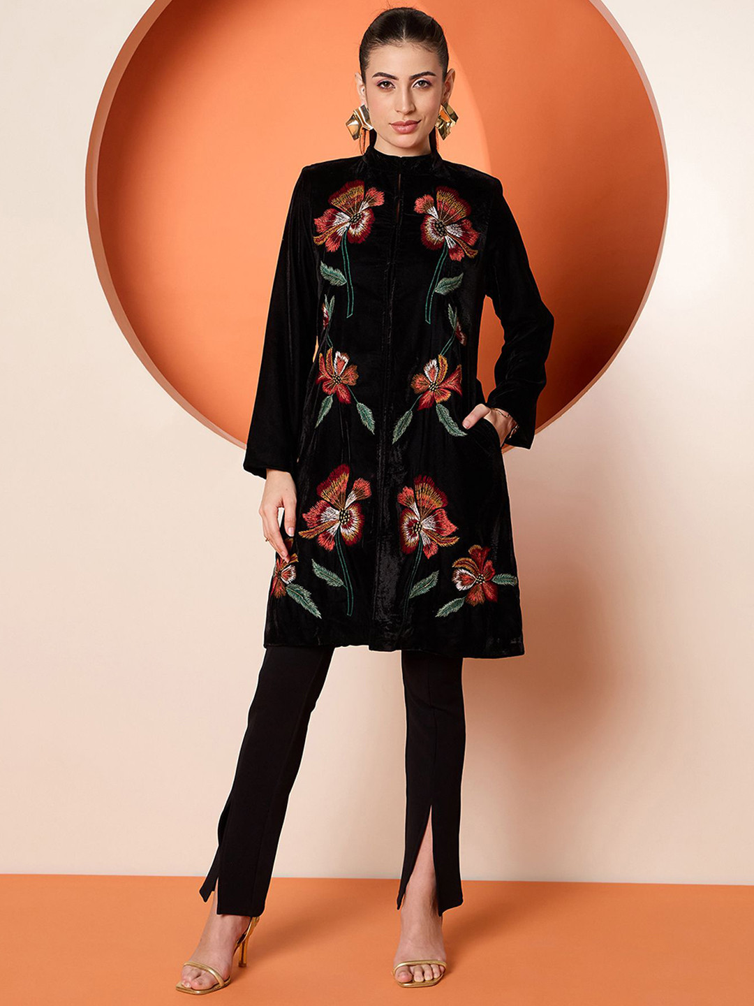 Antheaa Women Embroidered Velvet Longline Tailored Jacket