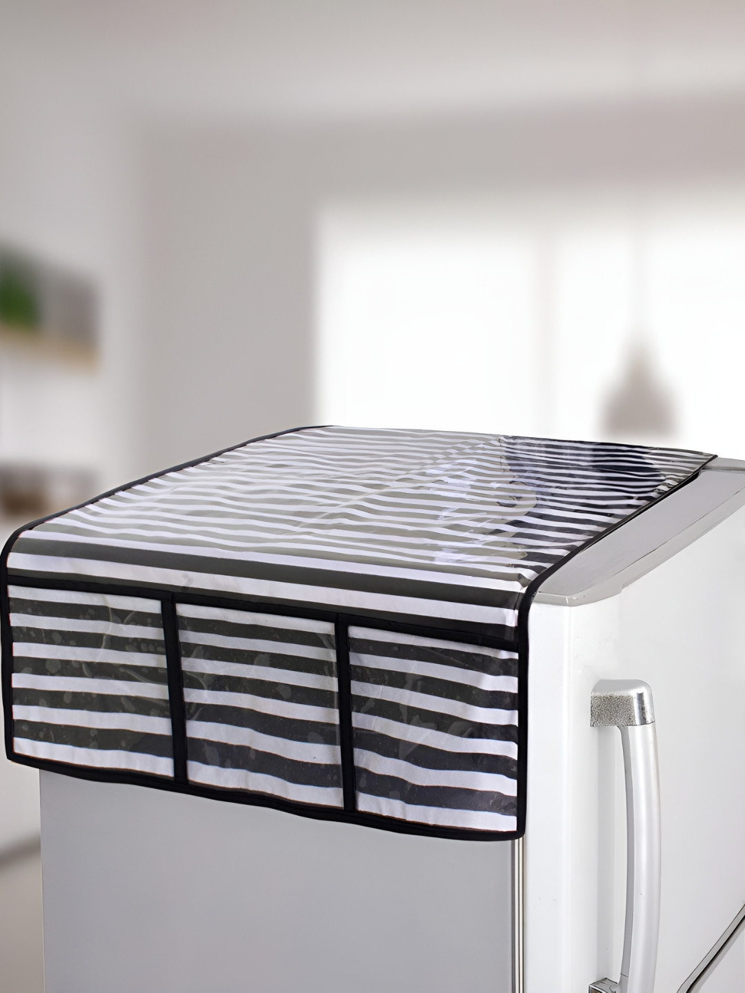 prettykrafts Black & White Striped Refrigerator Top Cover With 6 Utility Cover