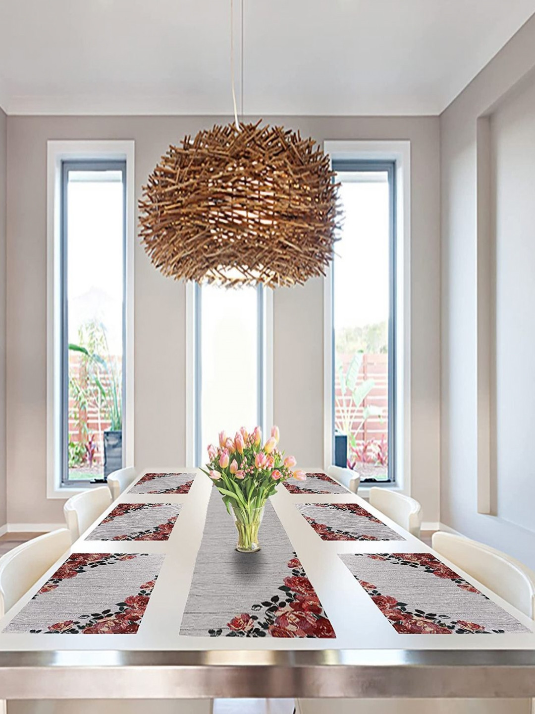 PRAKARTIK Set of 7 Grey & Red Cotton Dining Table Placemats with Runner