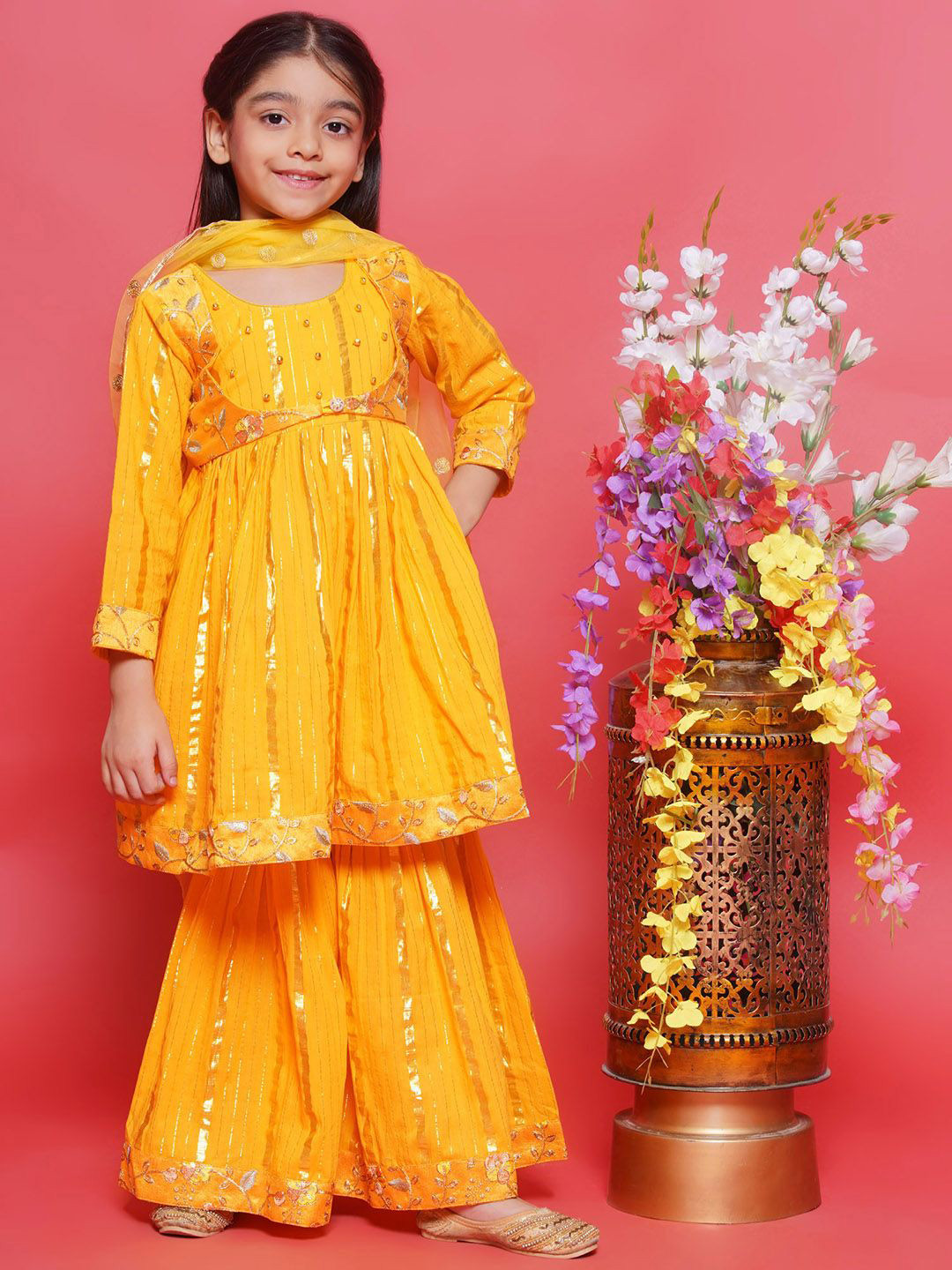 Little Bansi Girls Embroidered Beads and Stones Pure Cotton Kurta with Sharara & Dupatta