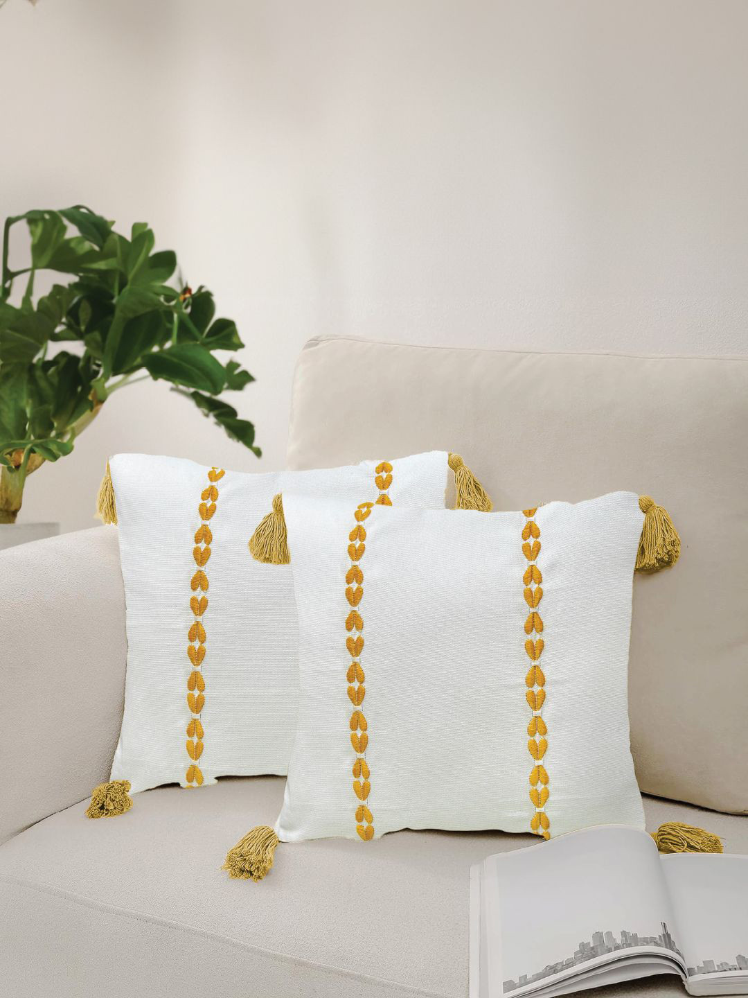 URBAN SPACE Vintage Braid Embroidered Cotton 2 Pcs Square Cushion Covers - 18 x 18 In
