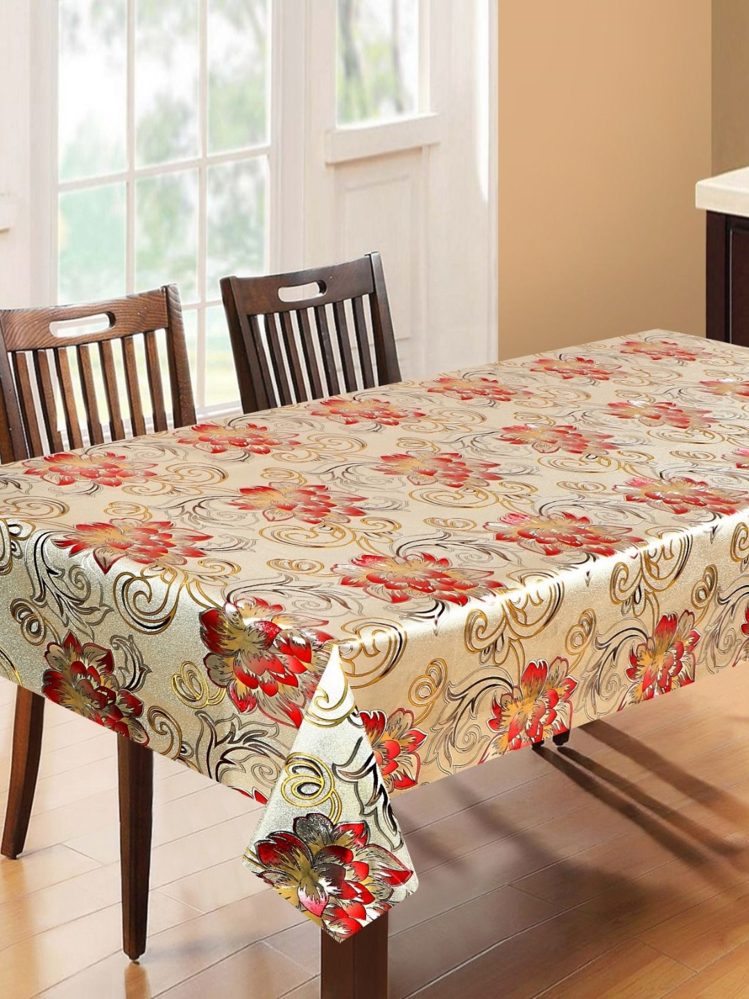 Dakshya Industries Silver-Toned & Red Floral Waterproof Printed 6-Seater Table Cover