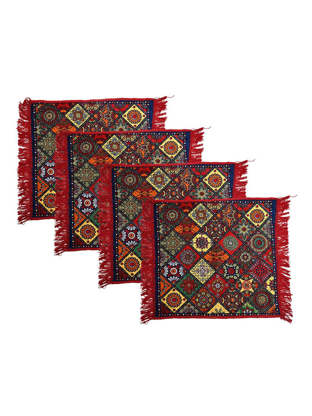 Kuber Industries Red & Black 4 Pieces Printed Pooja Mats
