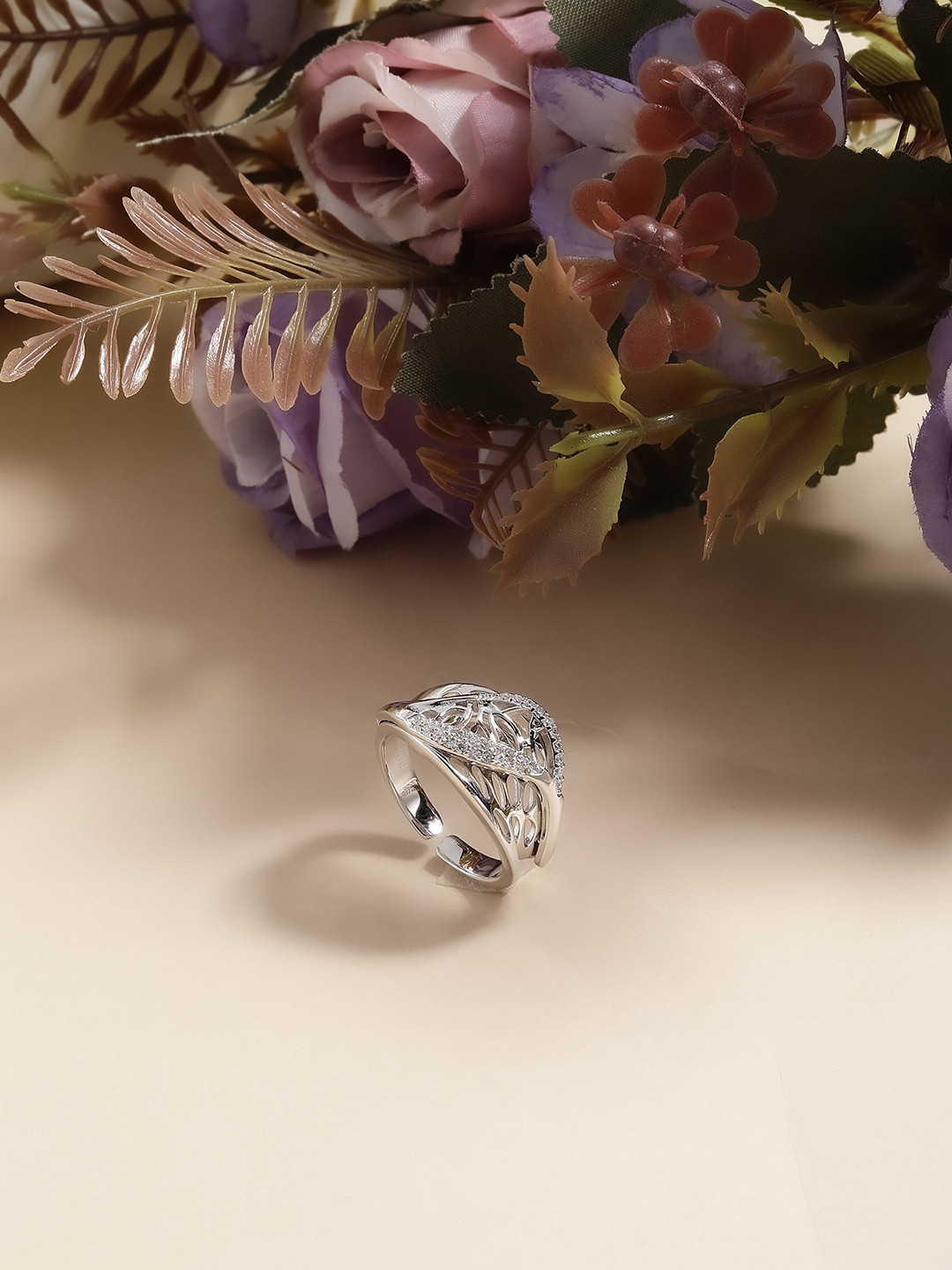 DIAVO 925 Sterling Silver Rhodium-Plated Adjustable Crossover Lattice Finger Ring