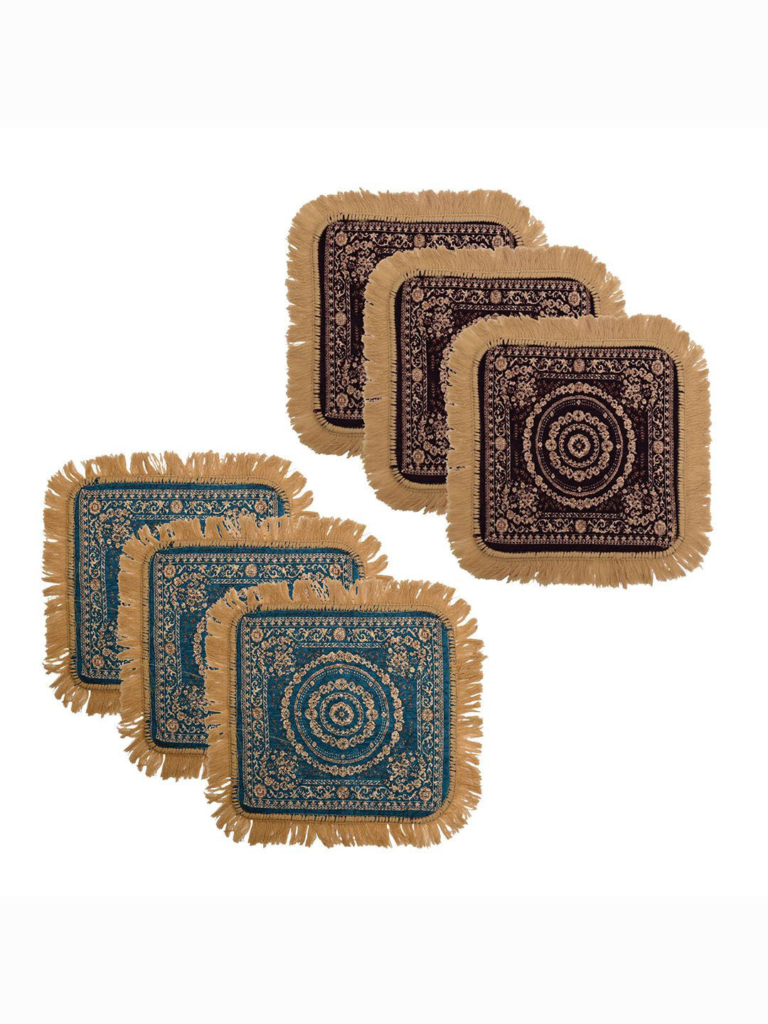 Kuber Industries Purple & Blue 6 Pieces Floral Printed Velvet Pooja Mats