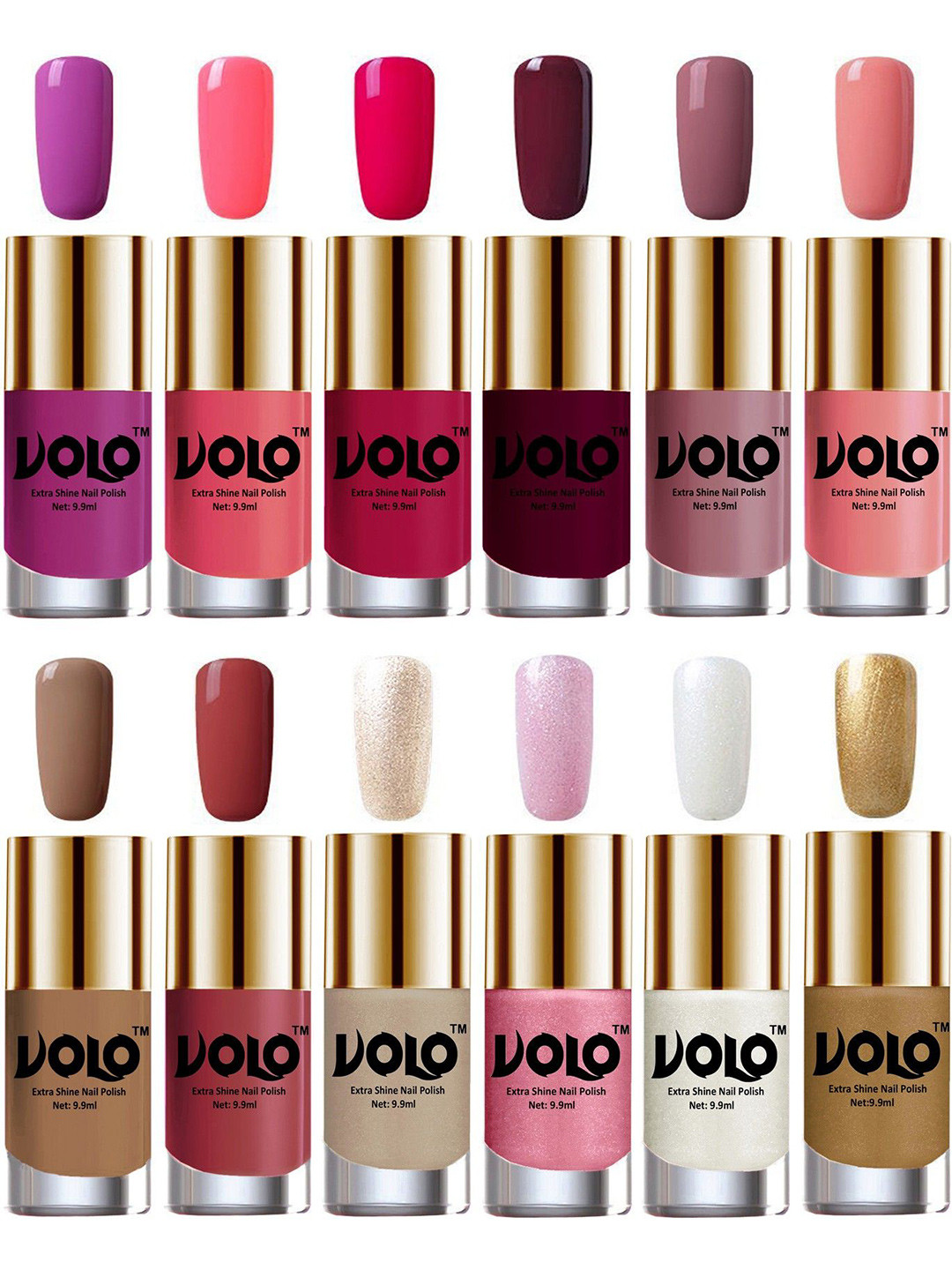 VOLO Set Of 12 Extra Shine Vibrant Shades Combo Nail Polish- 9.9ml Each- No-48