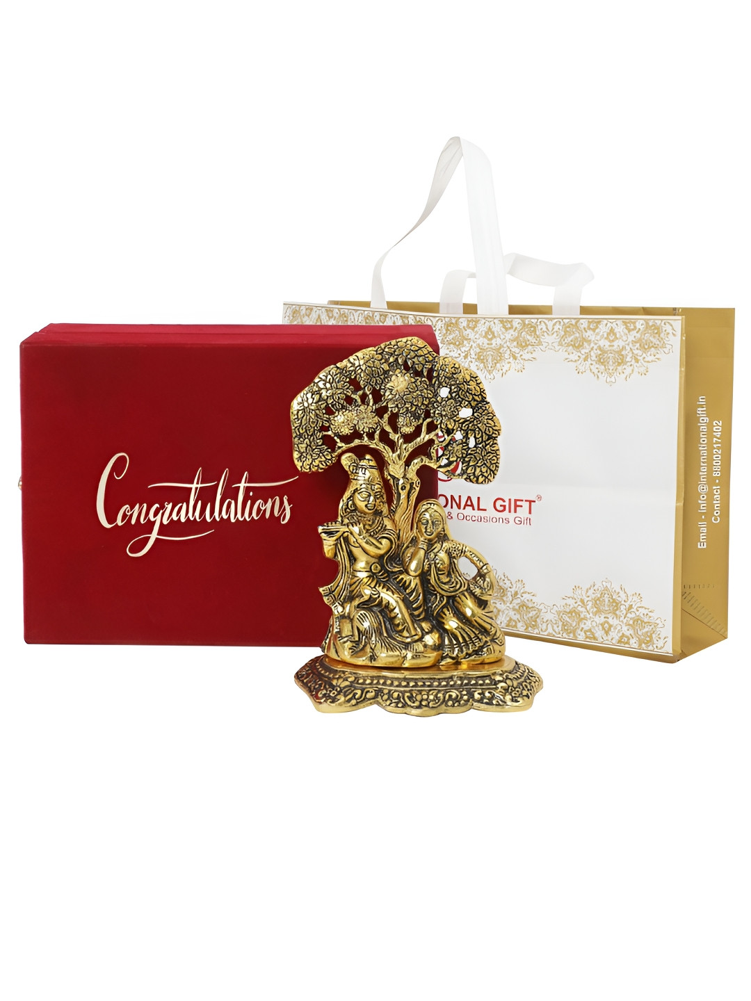 INTERNATIONAL GIFT Radha Krishna Tree with Box, Carry Bag and Congratulation Tag Gold Metal Metallic Prayer Room Medium Showpiece - 7.1 Inches