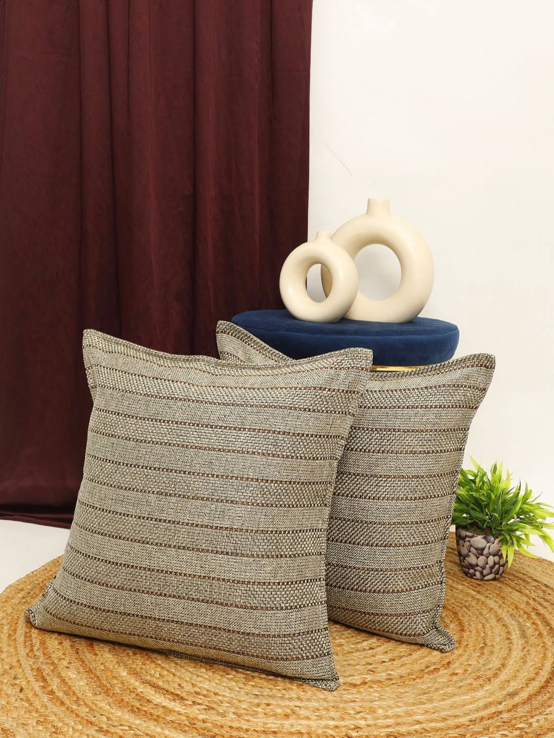 THE CONVERSION Grey & Red 2 Pieces Striped Jute Cotton Square Cushion Covers