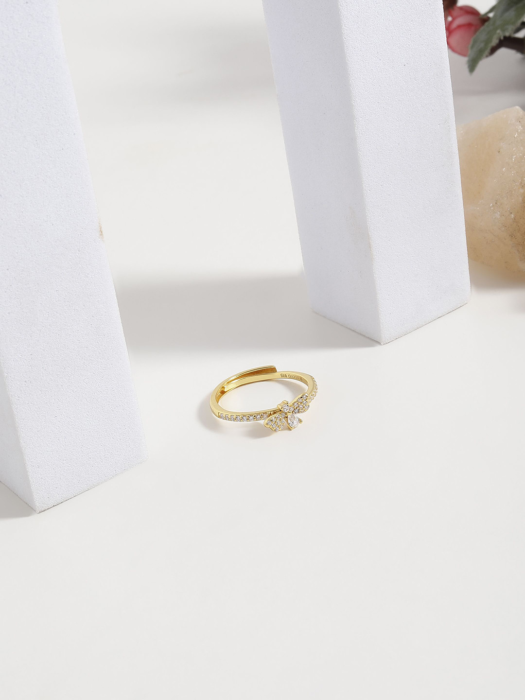 DIAVO 925 Sterling Silver Gold Plated Cubic Zirconia Stone Studded Felix Wings Finger Ring