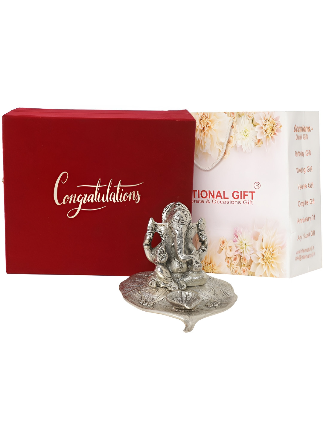 INTERNATIONAL GIFT Patta Ganesh Silver Metal Metallic Prayer Room Medium Showpiece - 3.9 Inches