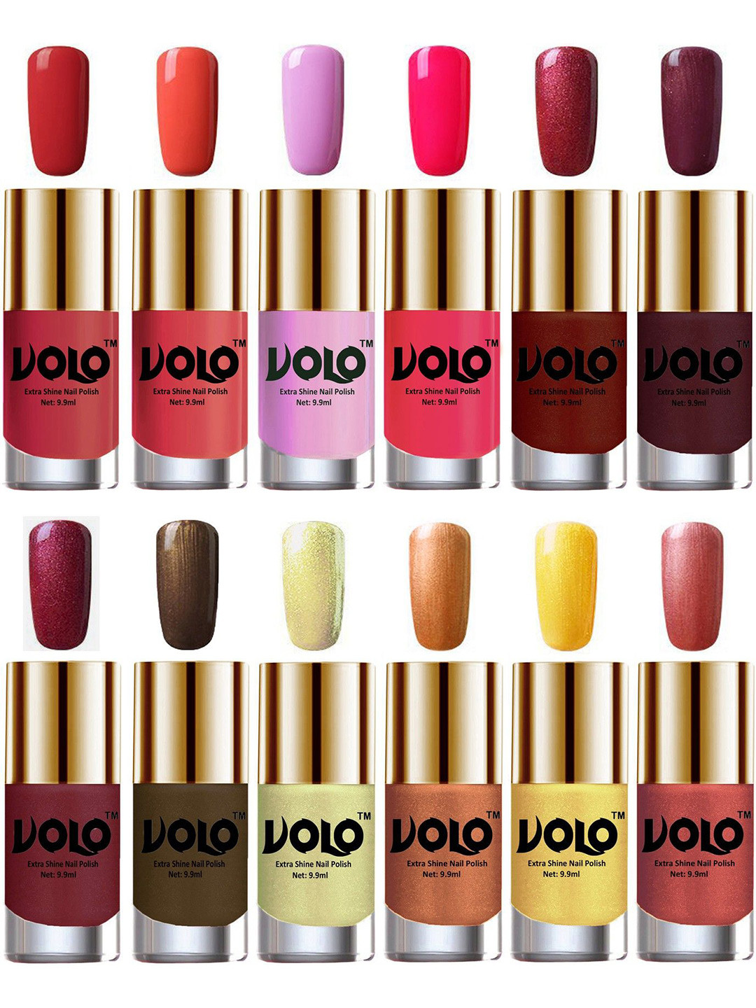 VOLO Set Of 12 Luxury Super Shine Nail Polish - 9.9 ml Each- Carrot Red - Red, Coral