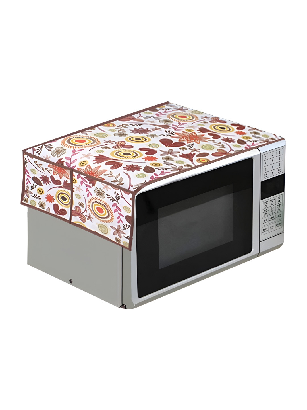 prettykrafts White & Yellow Printed Microwave Oven Top Cover With Utility Pockets