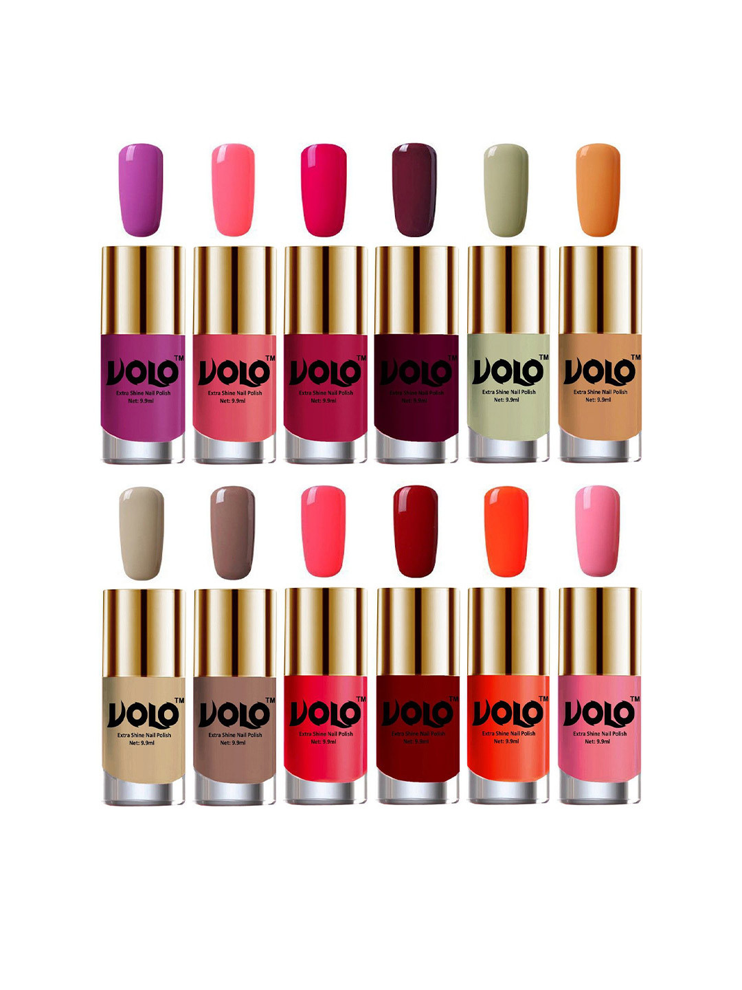 VOLO Set Of 12 Extra Shine Vibrant Shades Combo Nail Polish- 9.9ml Each- No-34