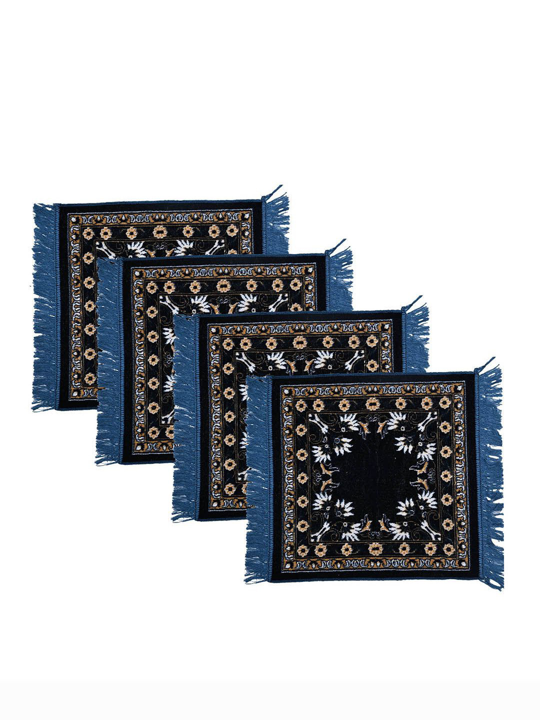 Kuber Industries Navy-Blue & Blue 4 Pieces Floral Printed Velvet Pooja Mats