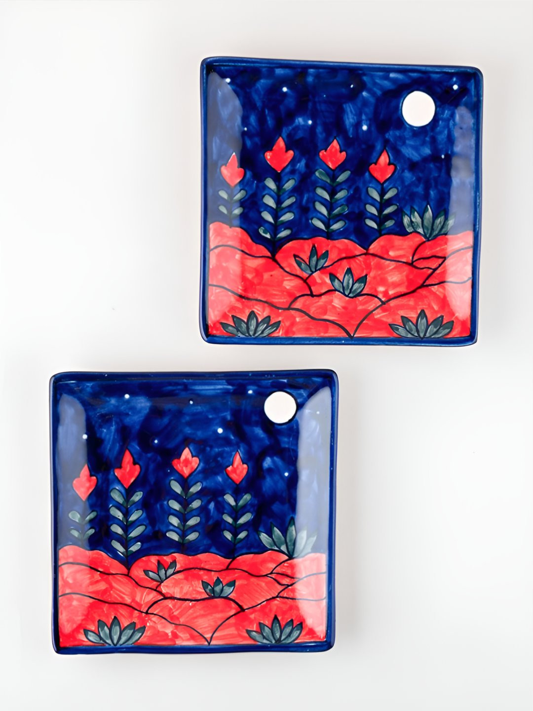 Eyaas Blue & Red 2 Pieces Printed Ceramic Square Food Platters