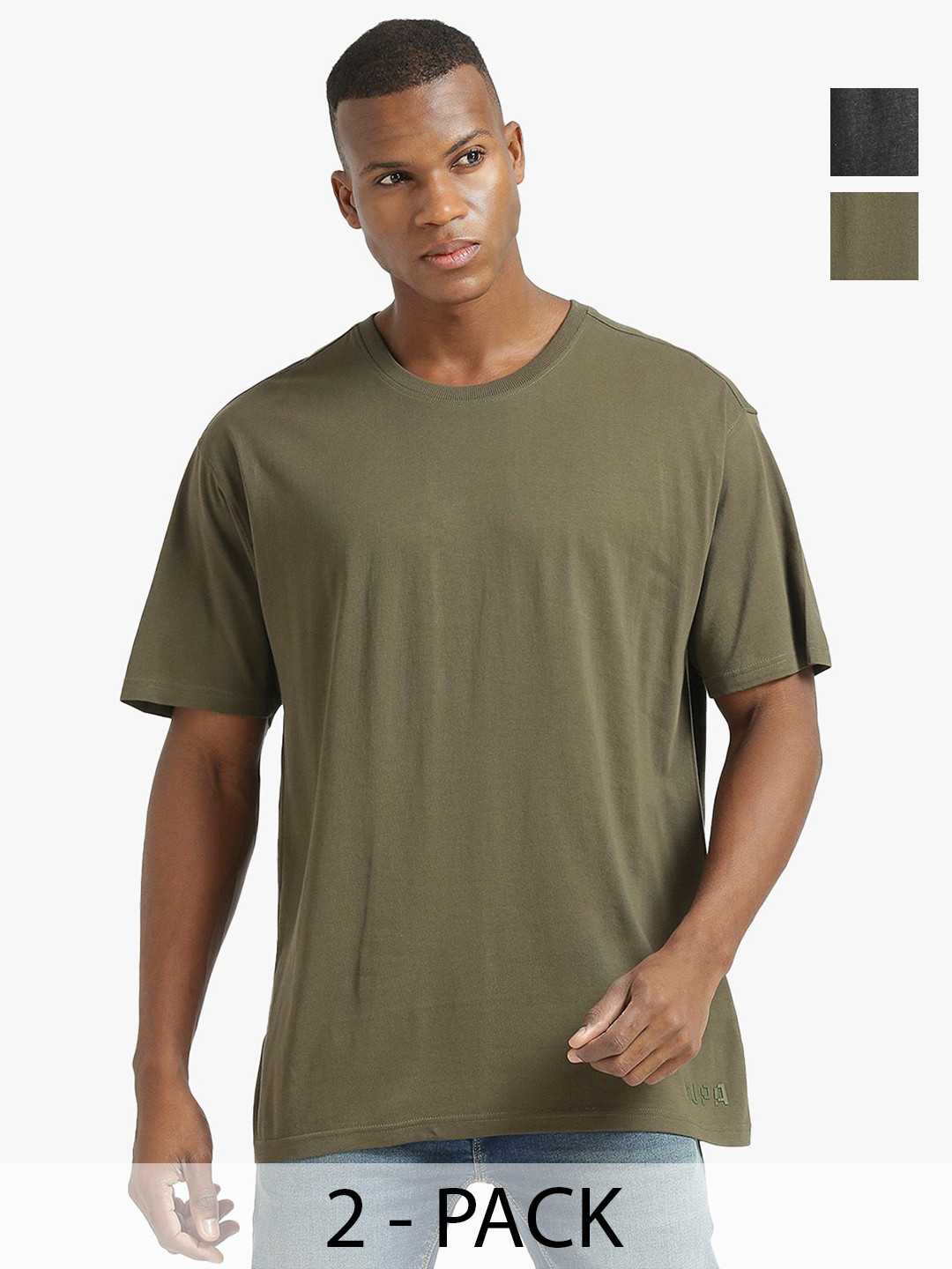 Supa Men Pack Of 2 Solid Round Neck Cotton Oversized T-shirts