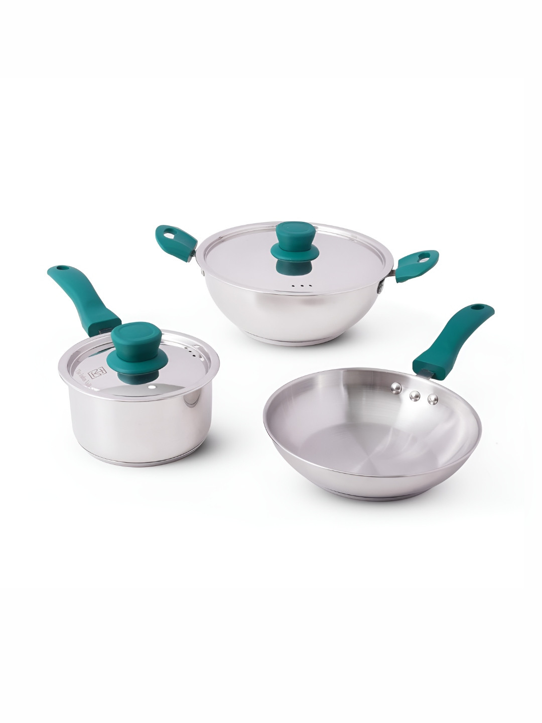 The Indus Valley Silver-Toned & Green 3 Pieces Stainless Steel Cookware Set