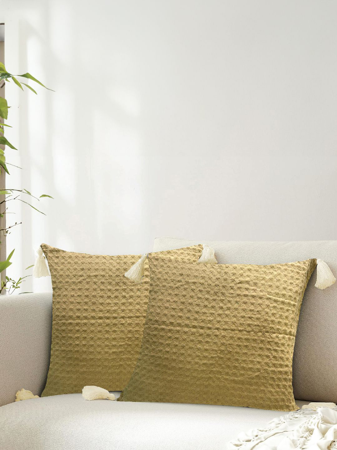 URBAN SPACE Waffle Cotton 2 Pcs Textured Square Cushion Covers - 16 x 16 In