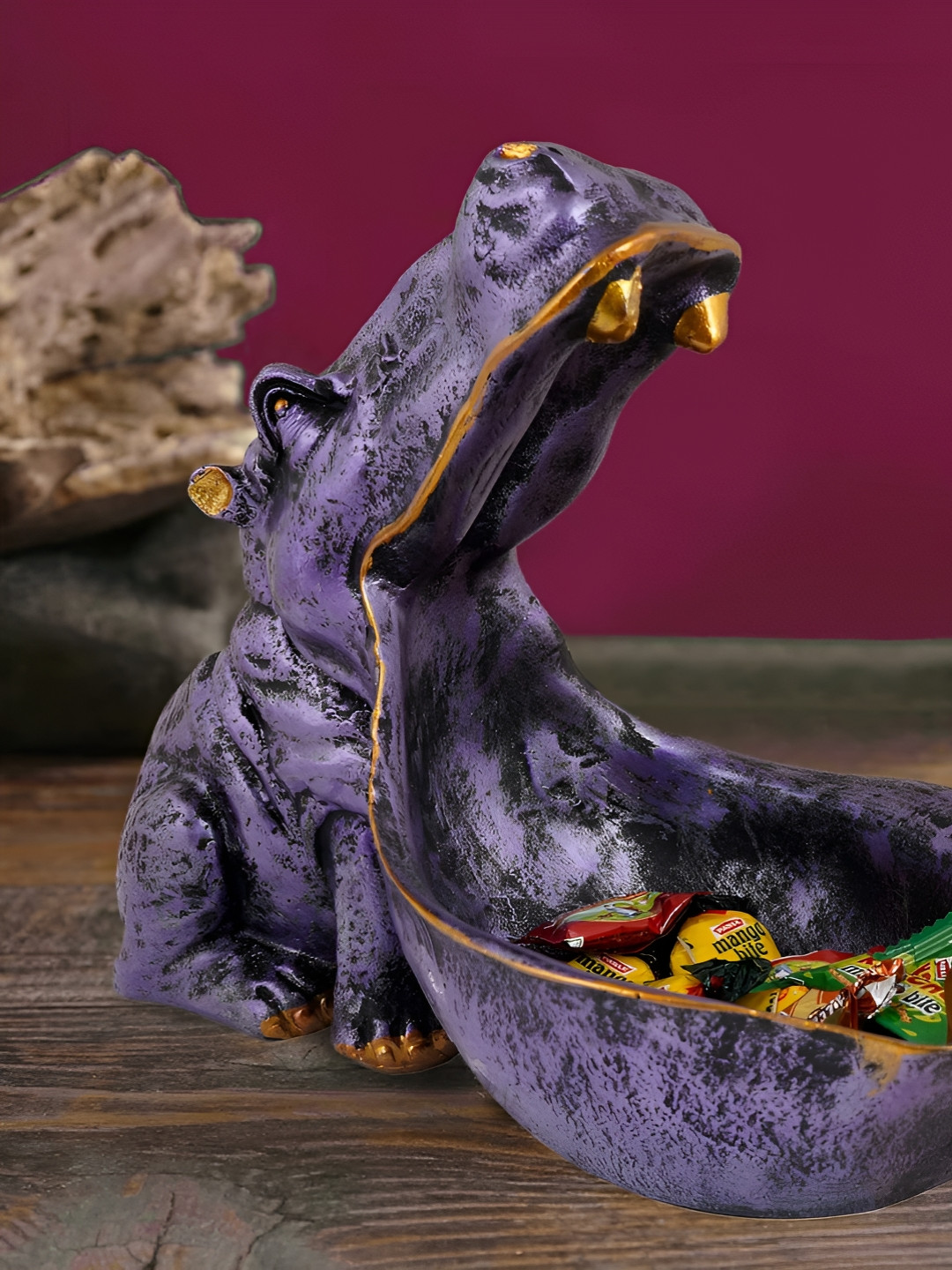 Zart Angry Big Mouth Hippopotamus Purple Polyresin Matte Living Room Small Showpiece - 3.5 Inches