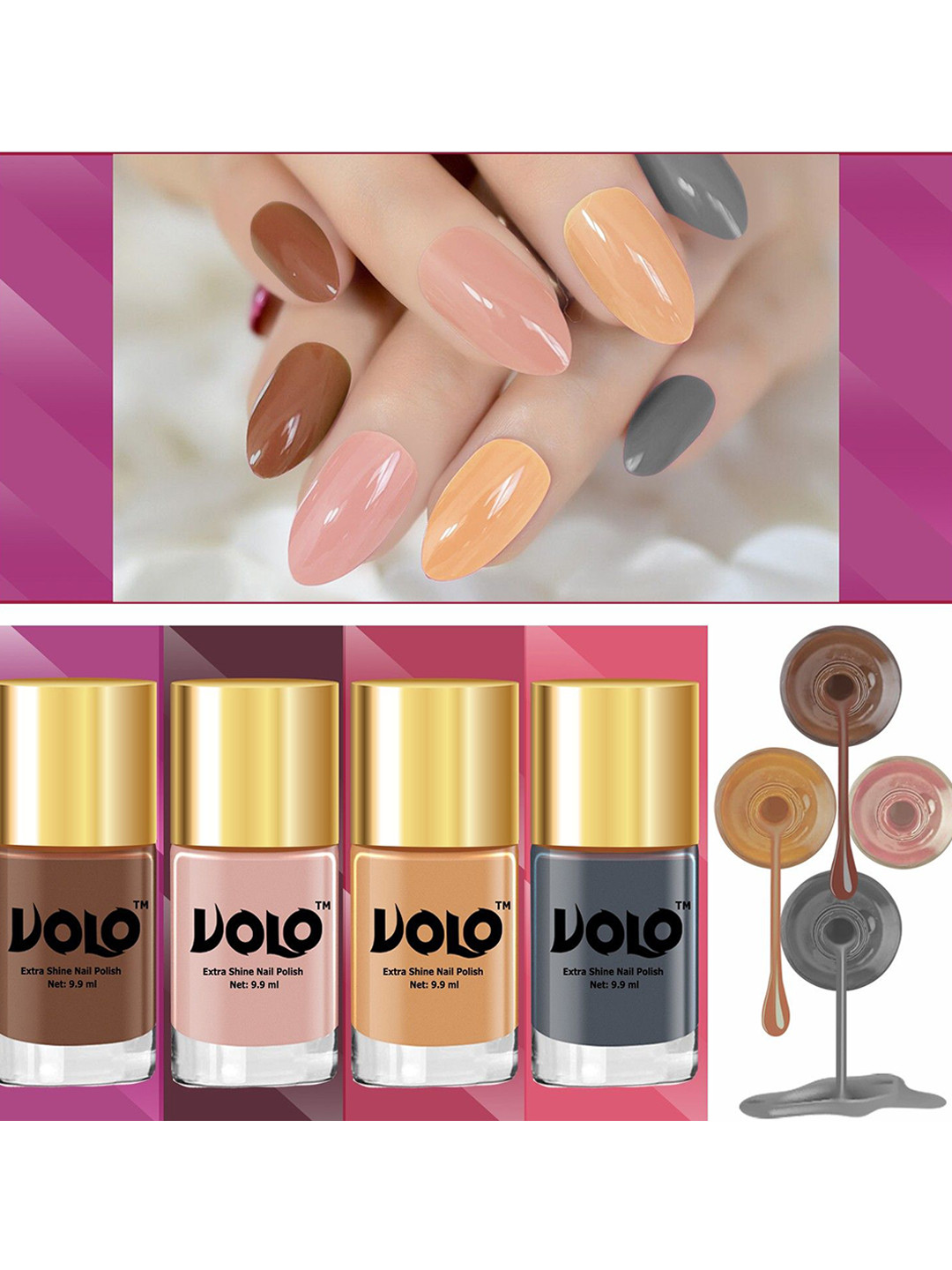 VOLO 4-Pc Intense Shine Long Running Nail Polish- Dark Nude-Flirty Nude-Grey-Pinkish Nude