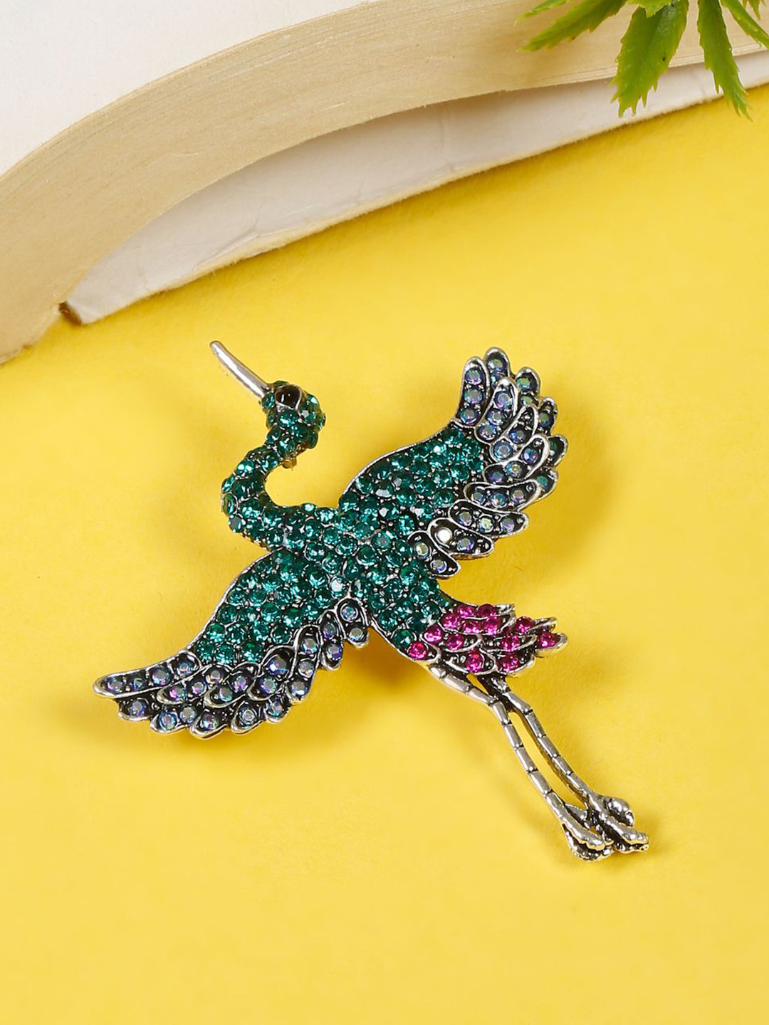 DressBerry Women Green & Pink Stone-Studded Statement Brooch