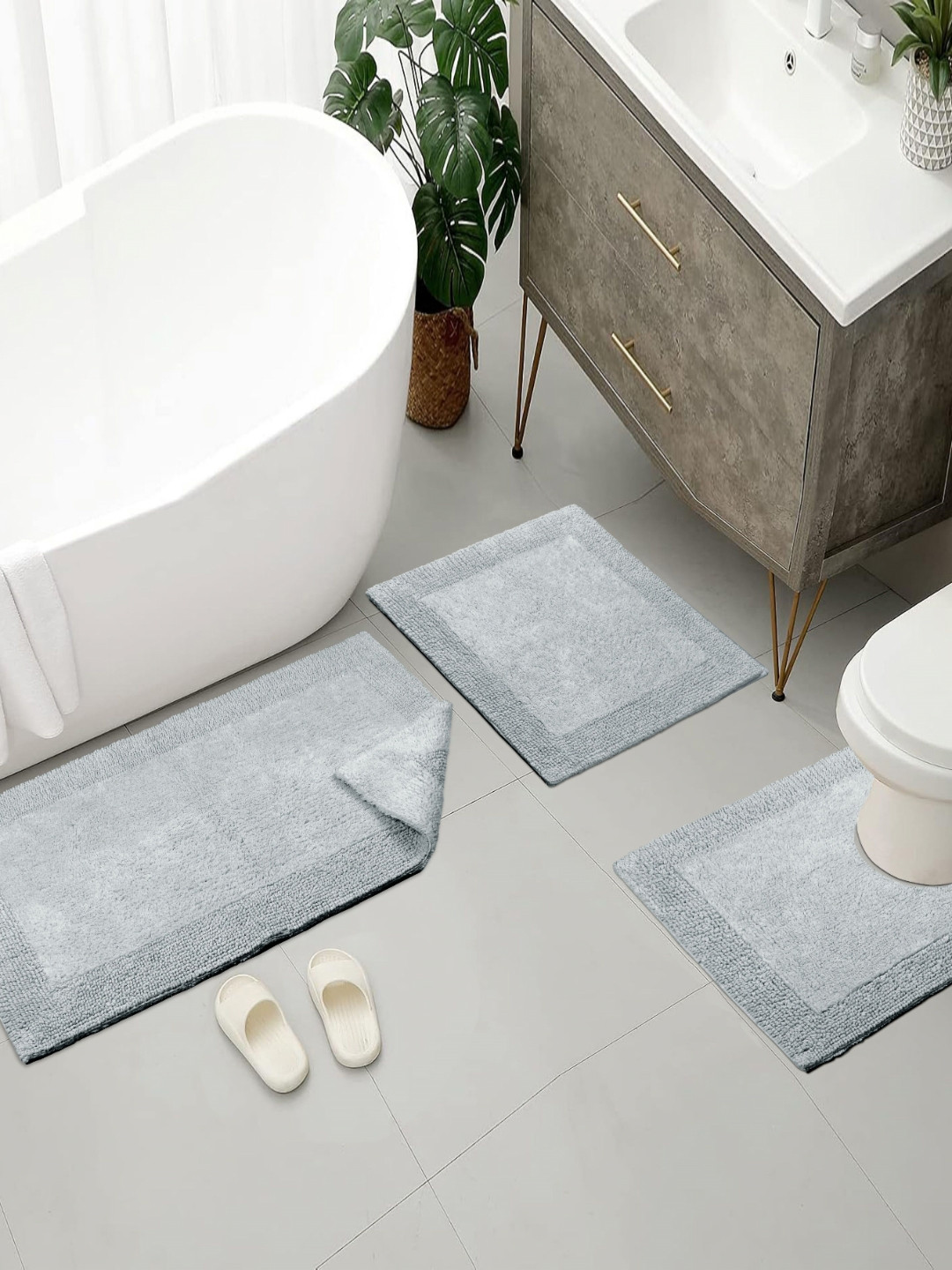 Saral Home Grey 3 Pieces 3000 GSM Cotton Anti- Skid Bath Rug