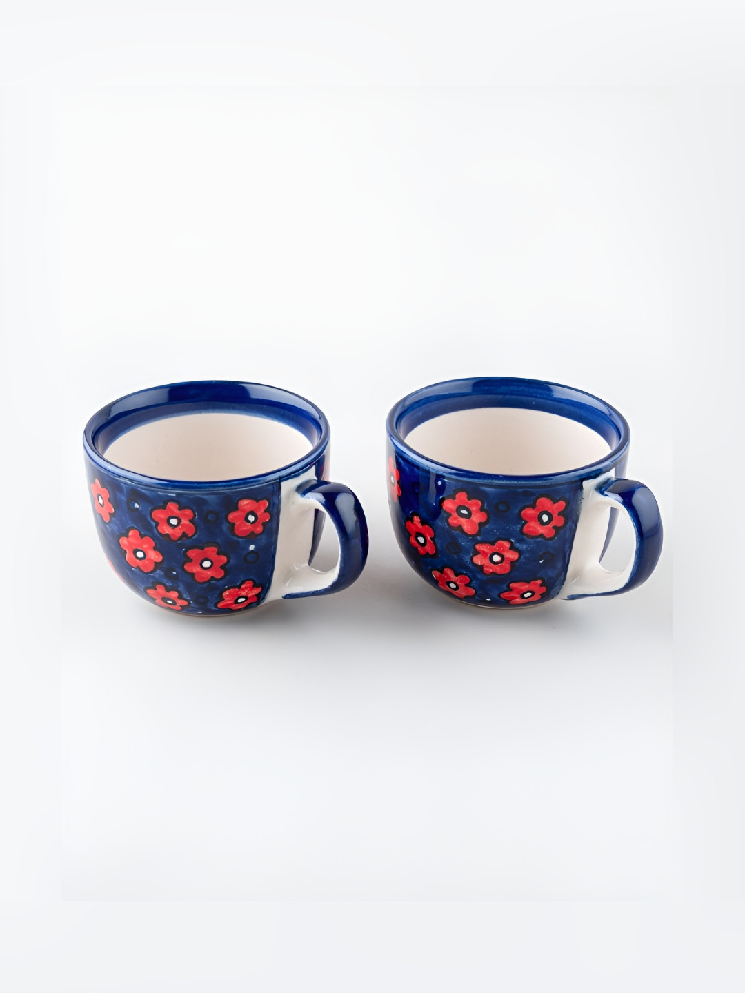 Eyaas Blue Floral Ceramic Handmade 2 Piece Mugs-250ml