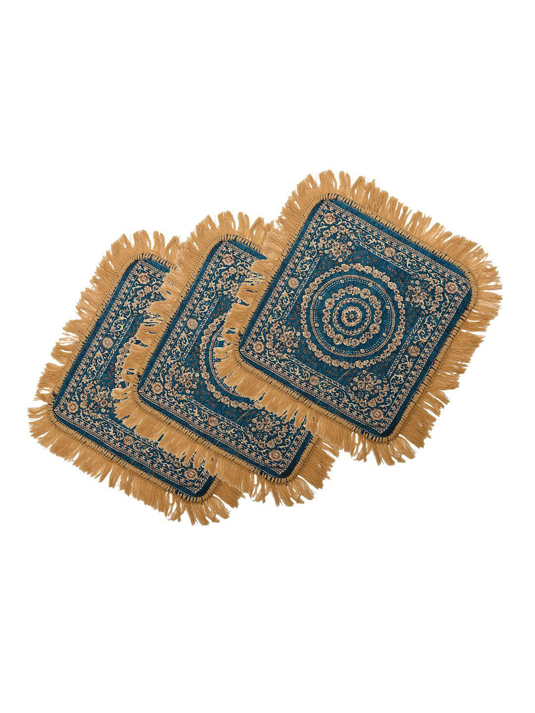 Kuber Industries Blue & Gold Toned 3 PiecePrinted Pooja Mat