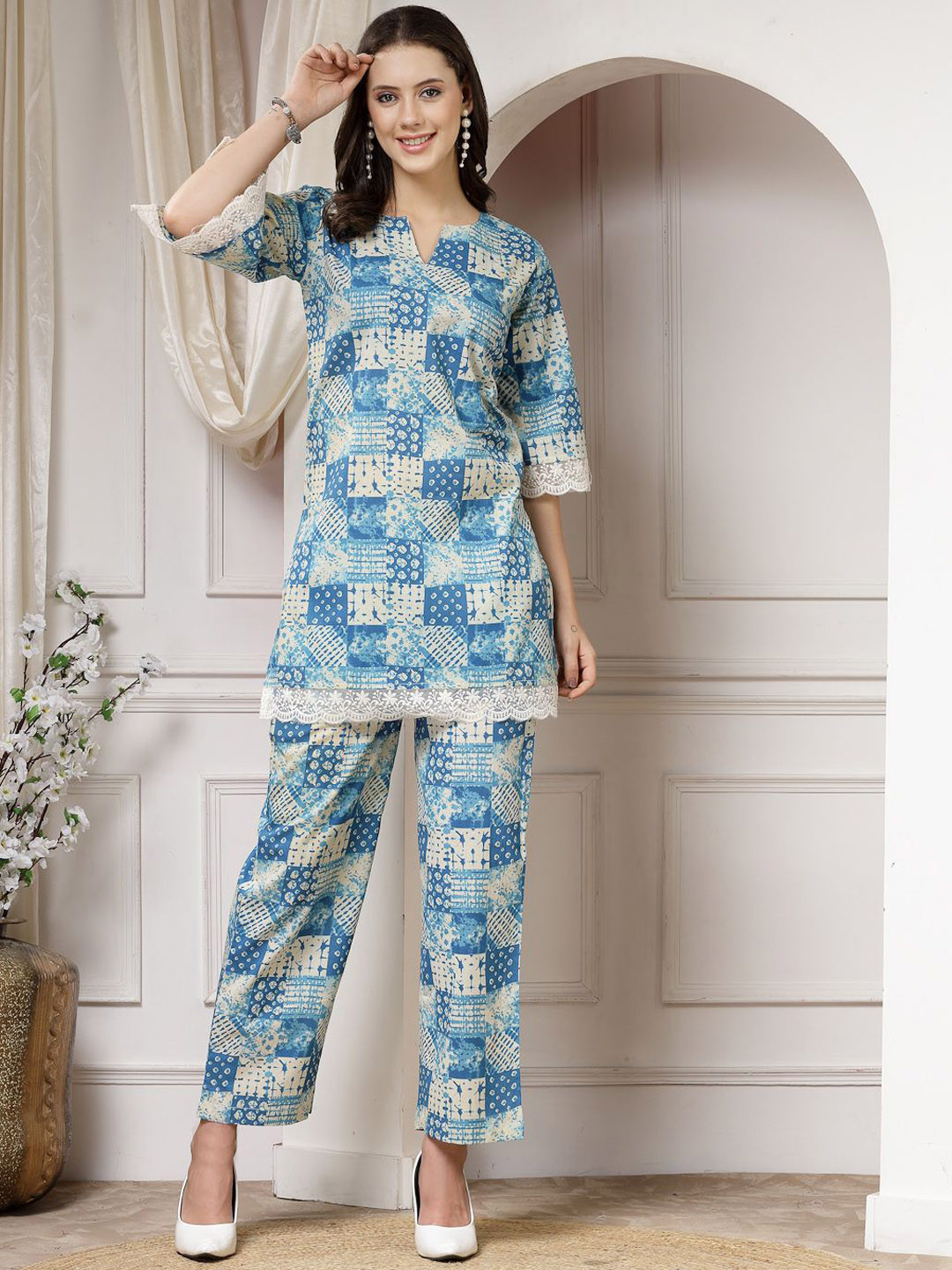 Indibelle Geometric Printed Pure Cotton Tunic & Trousers
