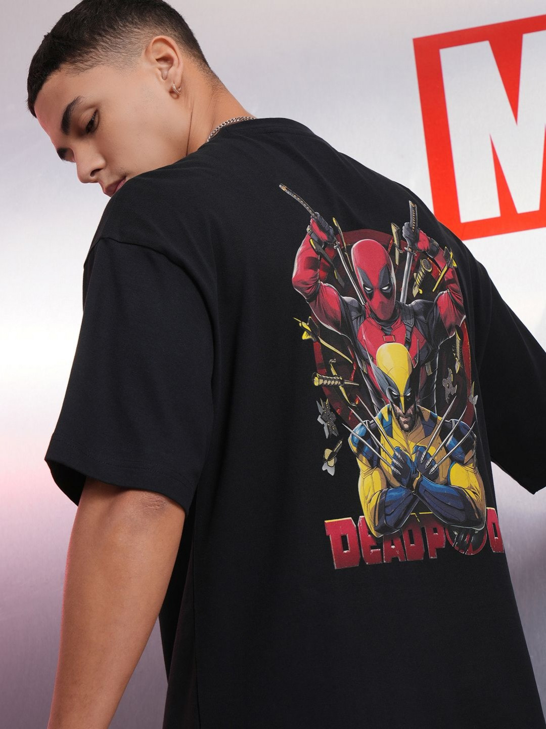 HIGHLANDER Men Deadpool & Wolverine Printed Oversized Drop Shoulder Sleeves Cotton Tshirt
