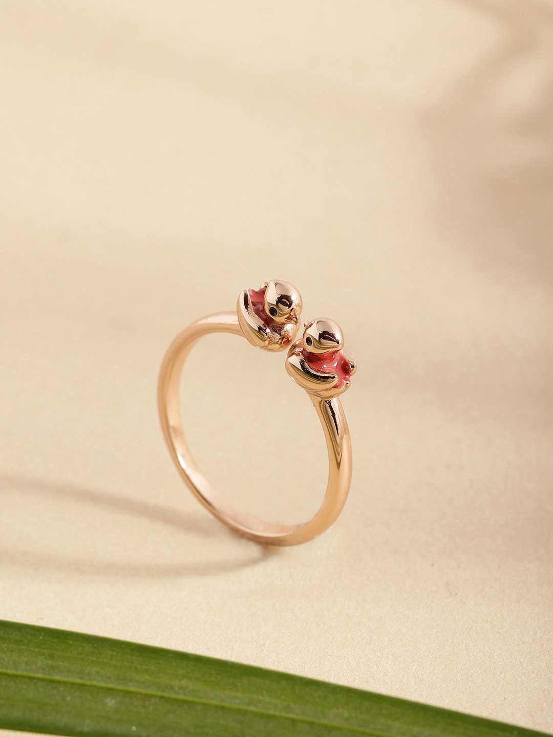 DIAVO 925 Sterling Silver Rose Gold Plated Adjustable Chickadee Charm Finger Ring