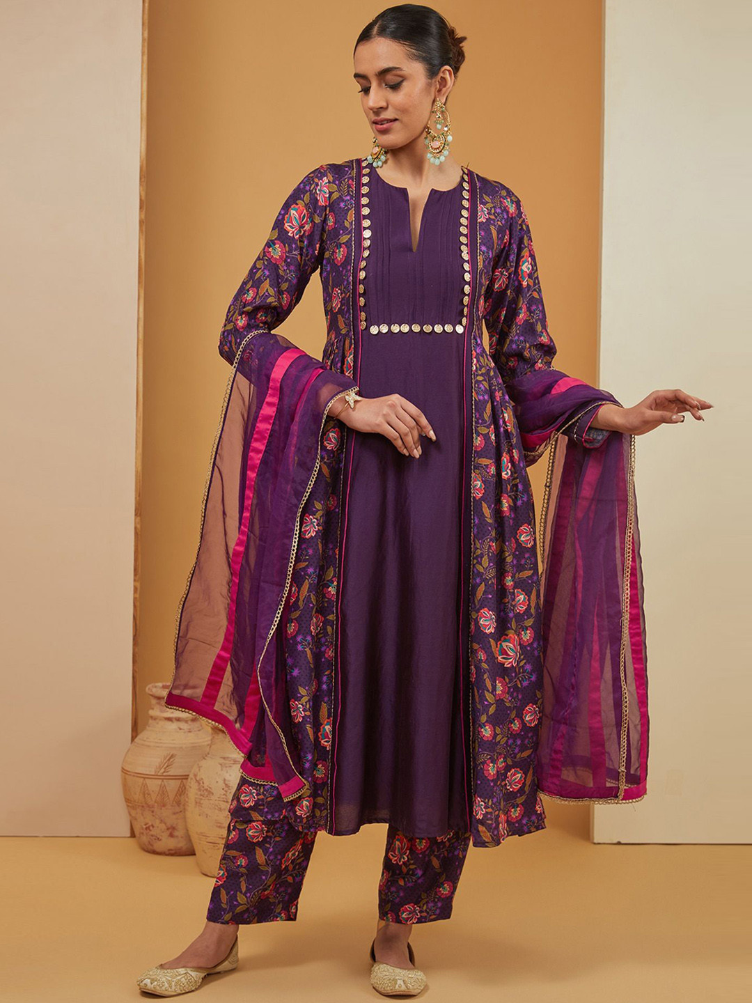neha khullar Women Floral Regular Chanderi Silk Kurta with Palazzos & With Dupatta