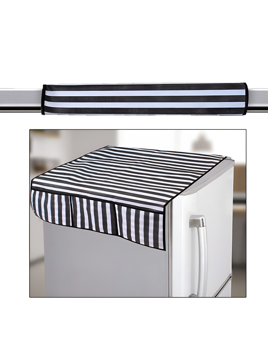 prettykrafts White & Black 2 Pieces Printed Refrigerator Top & Handle Covers