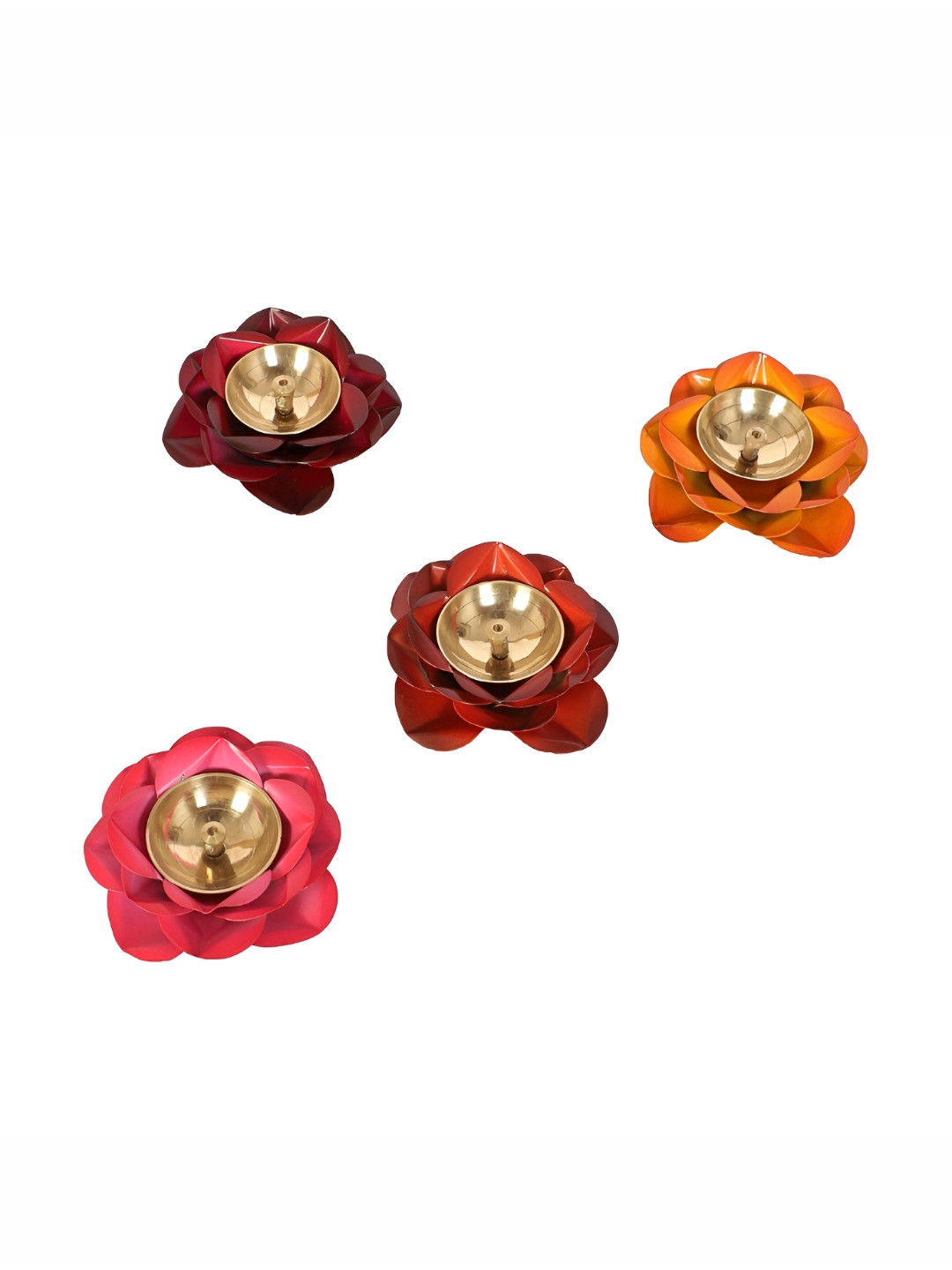 Amaya Decors Gold-Toned & Red 4 Pieces Brass Pooja Diyas