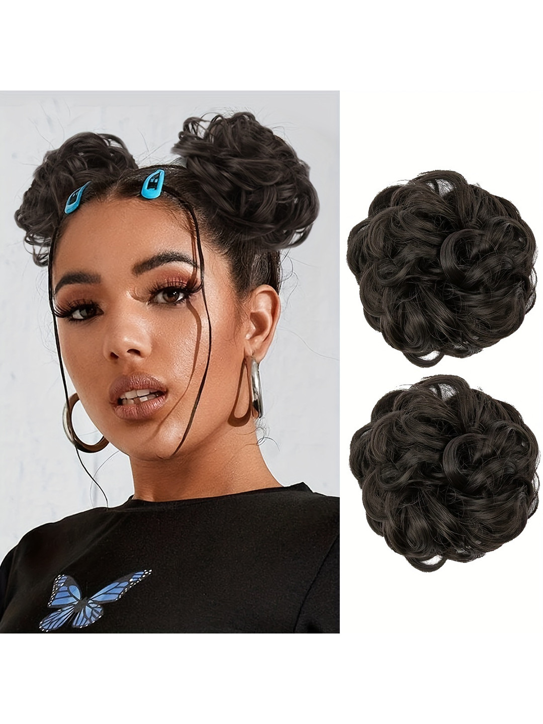 CHRONEX 2 Pcs 2 Pcs Wavy Short Curly Messy Buns-Natural Black