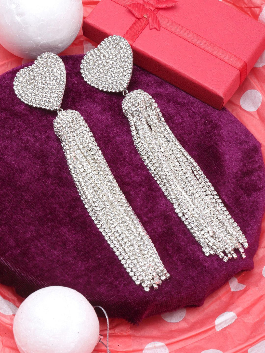 KPOP Silver-Plated Rhinestone Studded Heart Shaped Tasselled Drop Earrings