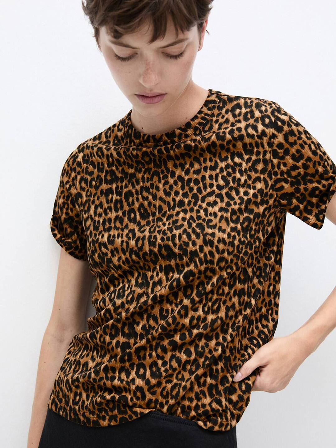 MANGO Leopard Print Pure Cotton Round Neck T-shirt