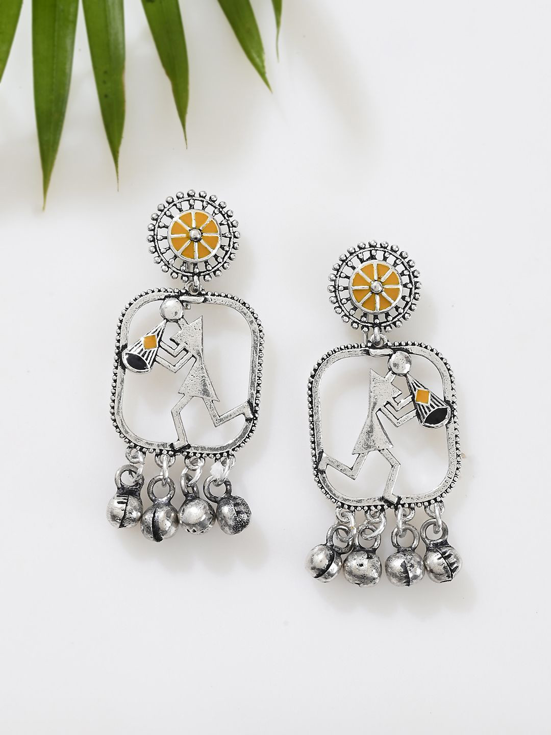 Sangria Yellow Silver-Plated Warli Raat Ke Dhai Bhaje Koi Shehnai Baje Drop Earrings