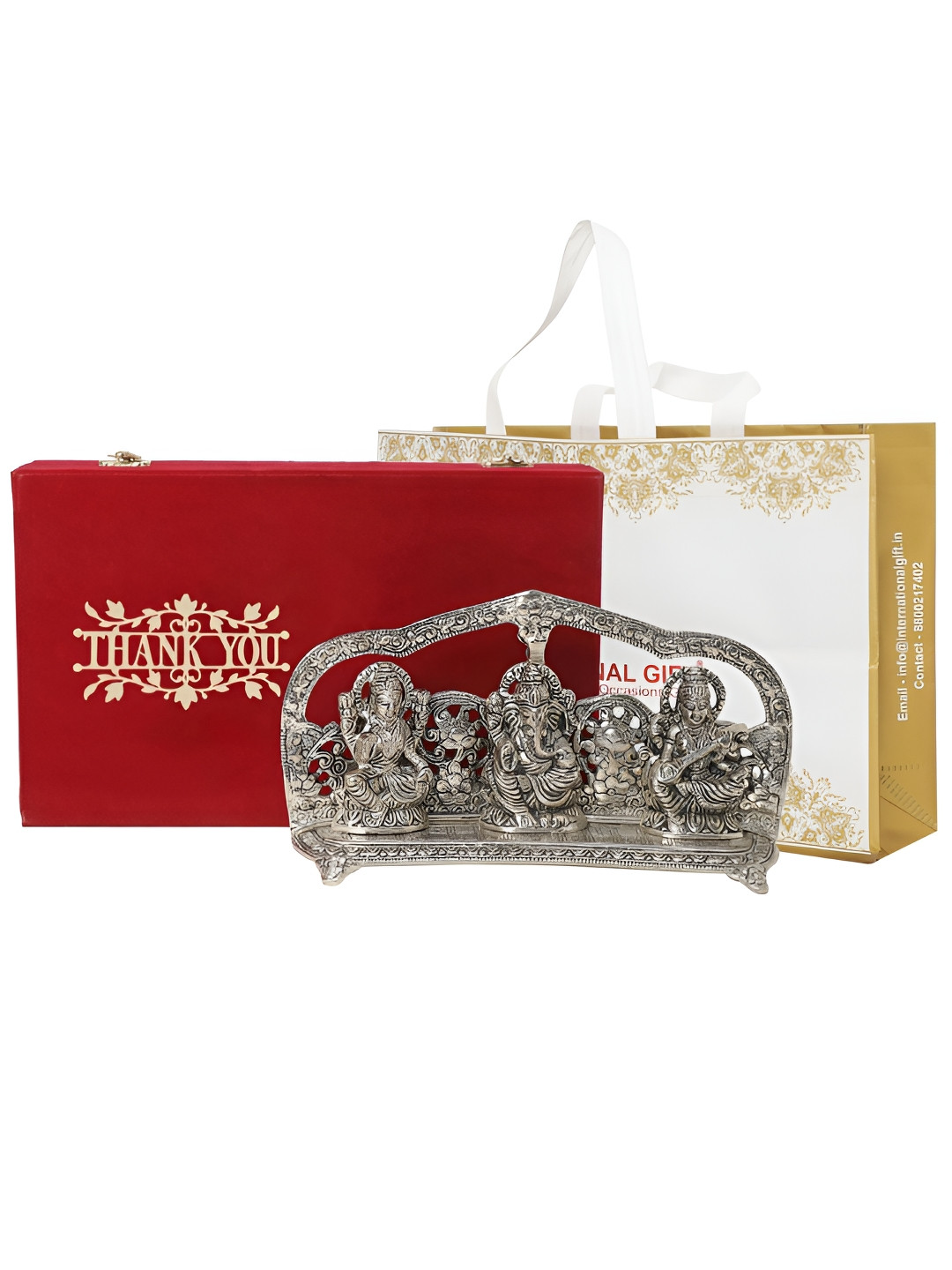 INTERNATIONAL GIFT Laxmi Ganesh Saraswati with Box, Carry Bag and Thank You Tag Silver Metal Metallic Prayer Room Medium Showpiece - 5.5 Inches
