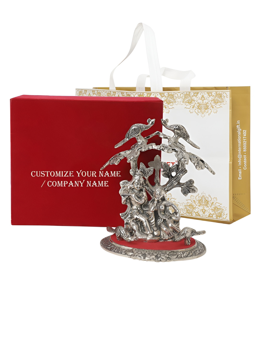 INTERNATIONAL GIFT Radha Krishna Tree God Silver Metal Metallic Prayer Room Small Showpiece - 7.9 Inches