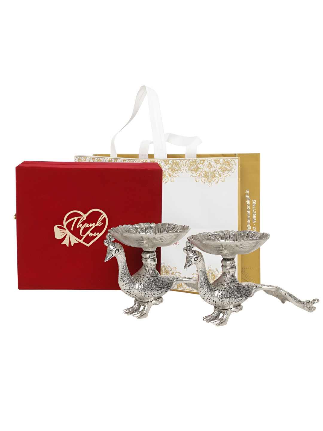 INTERNATIONAL GIFT Peacock Bowl Silver Metal Metallic Living Room Set of 2 Medium Showpieces - 4.7 Inches