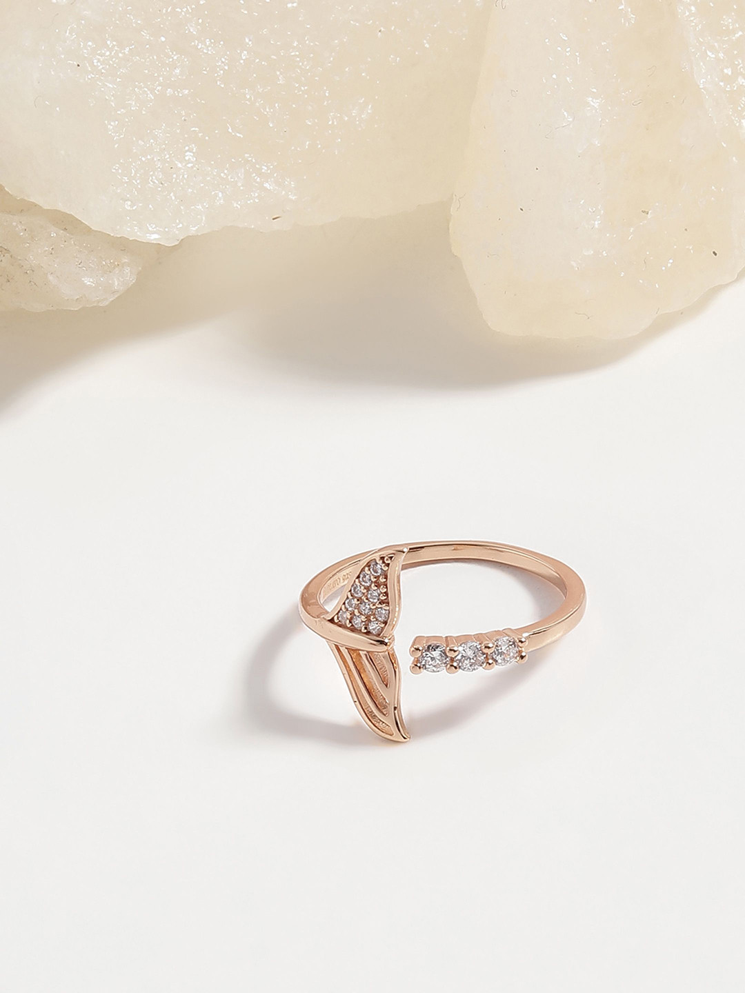 DIAVO 925 Sterling Silver Rose Gold Plated Stones Studded Adjustable Whimsy Fin Ring