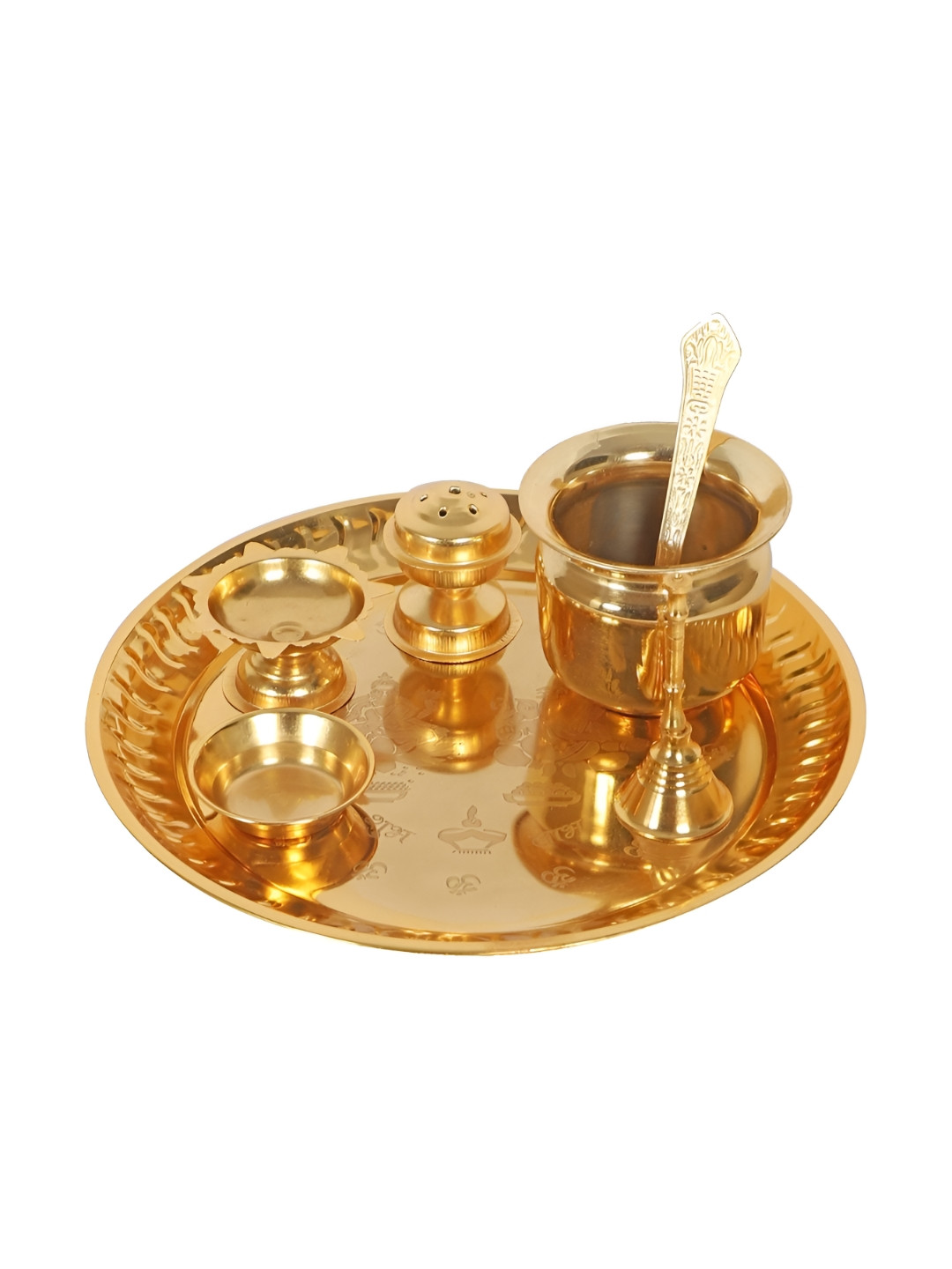 Amaya Decors Gold-Toned Glossy Steel Pooja Thali With Velvet Box