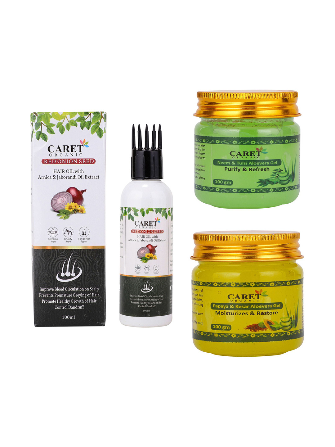 CARET ORGANIC Neem, Tulsi Gel, Papaya & Kesar Aloevera Gel & Red Onion Hair Oil