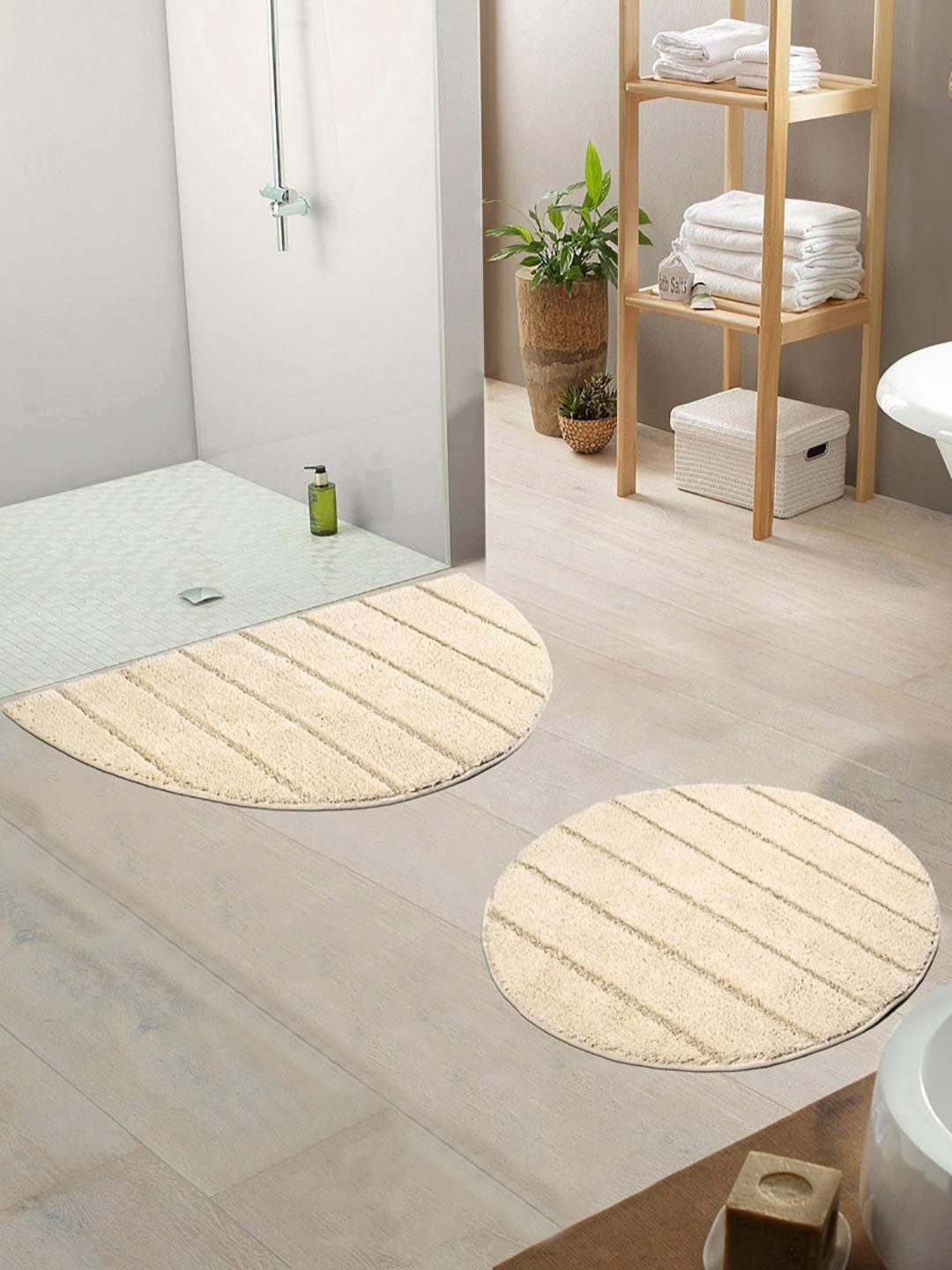 Saral Home Beige & Grey 2 Pieces Striped Pure Cotton Antiskid Bath Rugs