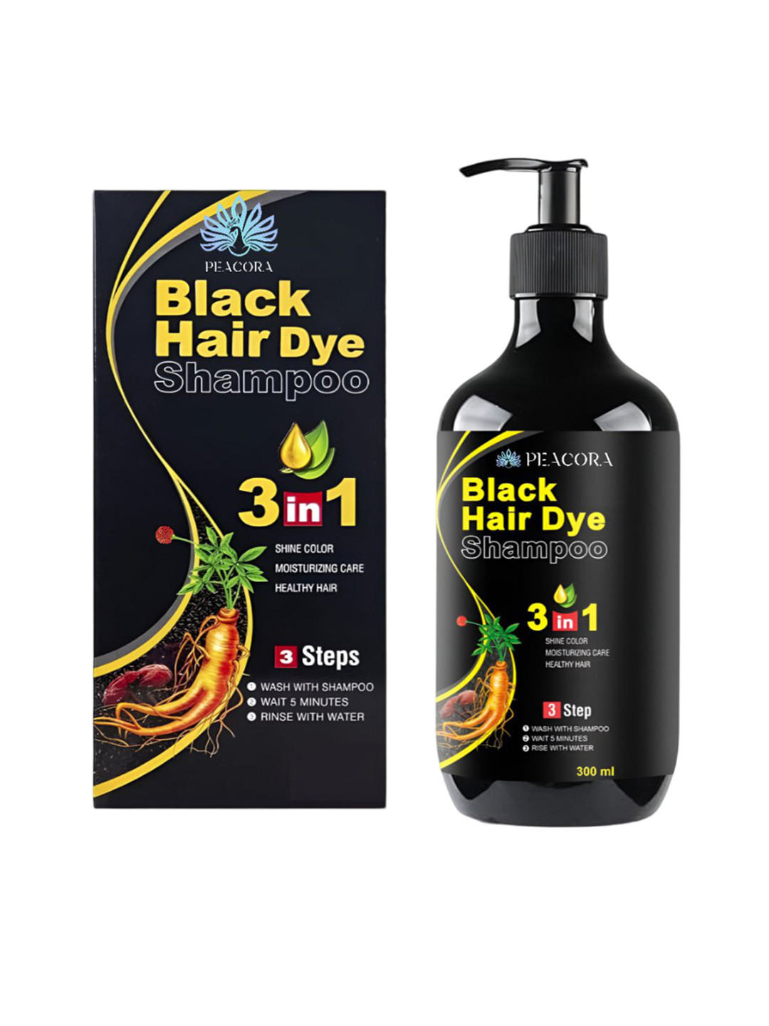 PEACORA Black Hair Dye 3 In 1 Shampoo - 300 ml