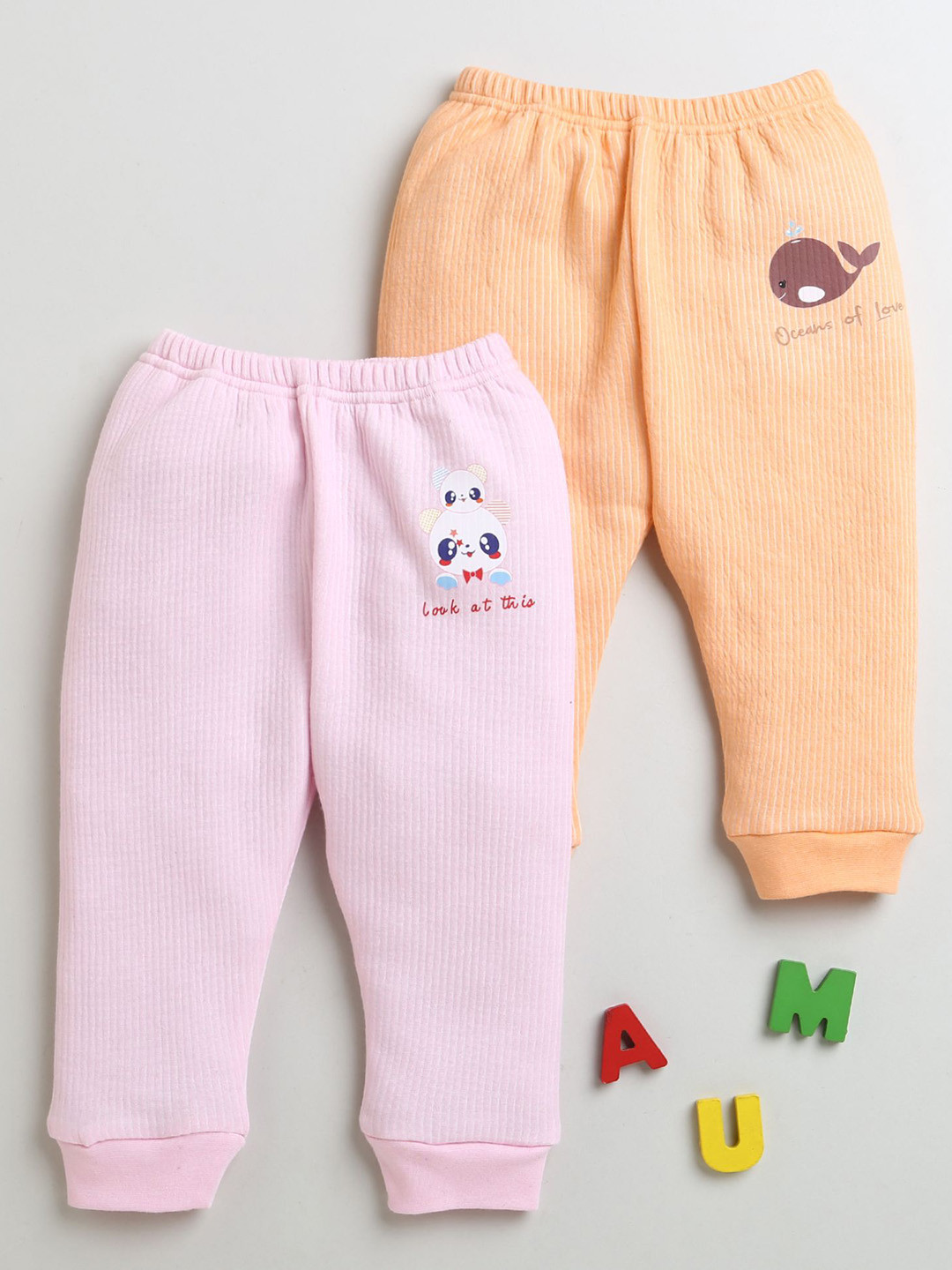 BUMZEE Infant Girls Pack Of 2 Striped Cotton Thermal Bottoms